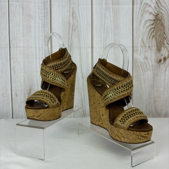 Tory Burch Lucian Sandals Leather Gold Chain Strappy Platform Wedges Tan Size 6 - Picture 3 of 15